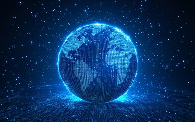 Leinwandbilder - Glowing digital globe with embedded binary code and financial graphs on a blue backdrop, 3D rendered financial technology concept