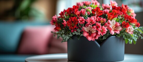 Sticker - Heart shaped floral arrangement featuring vibrant red flowers in a close up setting with an elegant blurred background for a romantic ambiance.