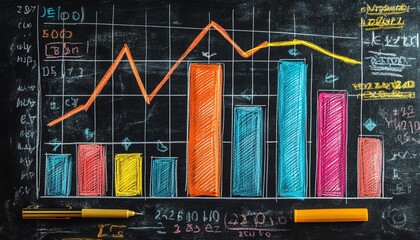 Leinwandbilder - Handdrawn colorful bar graph and line chart on a blackboard with chalk, AI generative concept, vibrant and dynamic data visualization