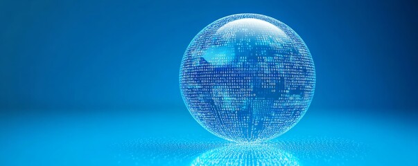 Fototapete - 3D digital globe with binary code and financial graphs, blue background, representing global economy and datadriven insights