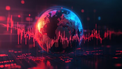 Aufkleber - 3D digital globe with glowing binary code and financial graphs, blue background, global data analytics and financial trends