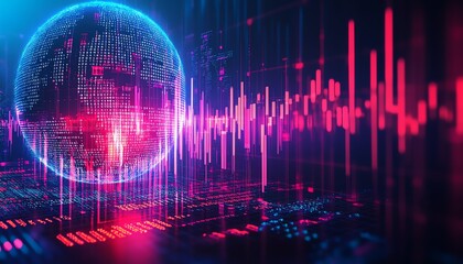 Fototapete - 3D digital globe with glowing binary code and financial graphs, blue background, global data analytics and financial trends