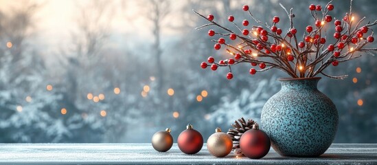 Canvas Print - Festive Christmas centerpiece with ornaments and illuminated berries on a rustic table with a serene winter background