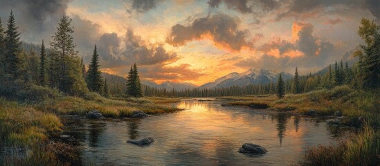 Sticker - Serene sunset over a tranquil river surrounded by lush forests and majestic mountains reflecting harmony in nature.