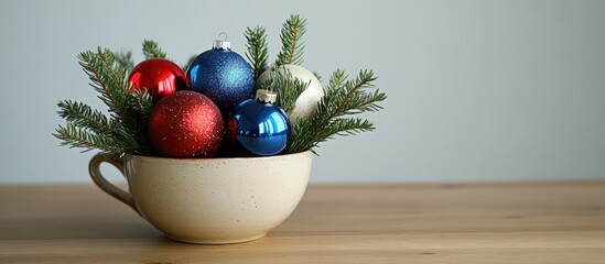 Wall Mural - Christmas decorations with colorful ornaments and spruce branches arranged in a vintage cup on a wooden table for festive celebrations