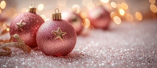 Wall Mural - Elegant Christmas decorations with golden star garland and glittering pink ornaments on a soft light pink background creating a festive ambiance