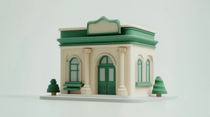 Poster - A stylized miniature building with decorative elements and trees.
