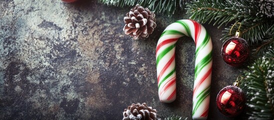 Canvas Print - Christmas candy cane with festive decorations including pinecones and ornaments on a rustic dark background