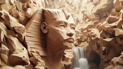 Poster - A stylized sculpture resembling a sphinx in a rocky, waterfall setting.