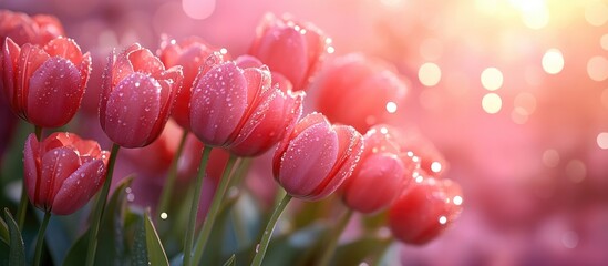 Wall Mural - Fresh pink tulips with water droplets illuminated by soft light creating a dreamy atmosphere suitable for promotional use or greeting cards