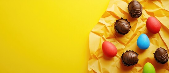 Wall Mural - Colorful chocolate Easter eggs and candies arranged on crumpled yellow paper creating a festive flat lay background for seasonal decorations