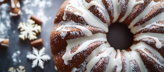 Sticker - Decorative gingerbread bundt cake with sugar glaze and festive decorations presented in a flat lay