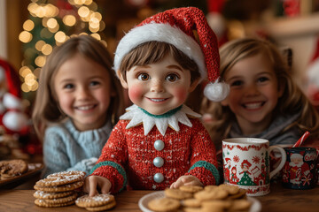 Wall Mural - A joyful family scene featuring an Elf on the Shelf surrounded by children and festive treats, highlighting the warmth and fun of holiday traditions.