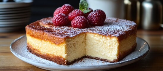 Sticker - Classic Cheesecake Garnished with Fresh Raspberries on a Rustic Wooden Table