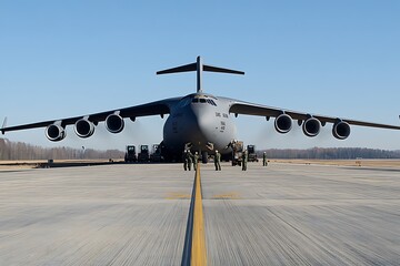 Poster - A military transport aircraft on a runway with personnel preparing for operations.