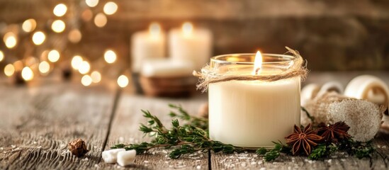 Sticker - Candle surrounded by festive lights and natural decor creating a warm serene atmosphere for holiday gatherings and cozy evenings