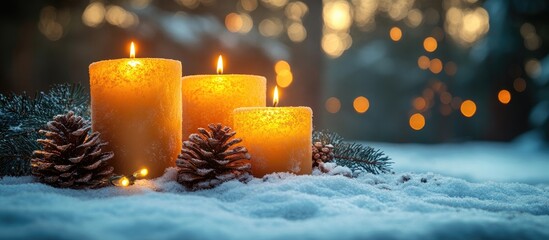 Sticker - Festive Christmas candles glowing on snow with pinecones and lights creating a warm holiday atmosphere in a serene winter landscape