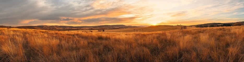 Poster - A panoramic view of a golden landscape at sunset, showcasing nature's beauty.