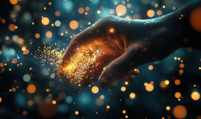 Poster - A hand reaching towards shimmering particles, symbolizing creation and connection.