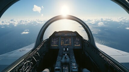 Poster - A cockpit view of an aircraft soaring above clouds with the sun shining in the distance.