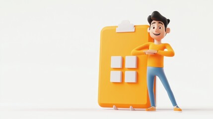 Aufkleber - A cheerful cartoon character stands beside a large, bright orange card with squares.