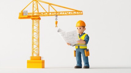 Poster - A construction worker examines blueprints next to a yellow crane.