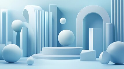 Poster - Abstract pastel blue 3D geometric shapes, spheres, cylinders, arches, and platform for product display.