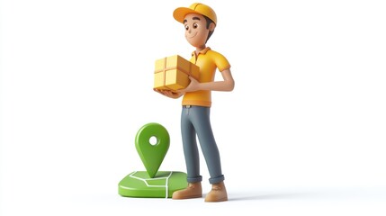 Poster - A delivery person holds a package next to a location marker on a map.