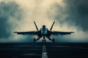 Poster - A military jet poised for takeoff on a foggy runway, showcasing power and technology.