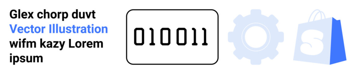 Binary code 010011 with a gear and shopping bag icon. Ideal for technology themes, binary codes, online shopping, mechanical concepts, and programming. Landing page