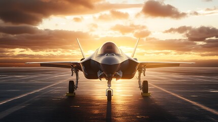 Poster - A military aircraft on a runway at sunset, showcasing its sleek design and advanced technology.