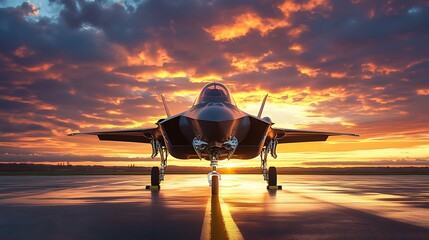 Poster - A fighter jet on a runway at sunset, showcasing technology and aviation.