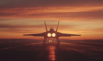 Poster - A fighter jet on a runway at sunset, showcasing power and technology.