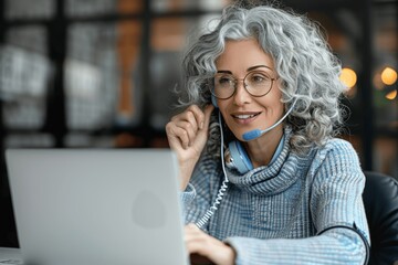 Wall Mural - Middle aged woman with grey curly hair wearing glasses headset laughing on video call with clients customer service agent at desk with laptop