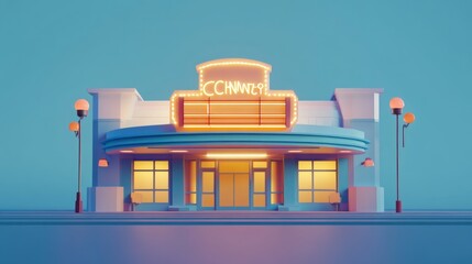 Aufkleber - A stylized theater building with bright lights and a welcoming entrance.
