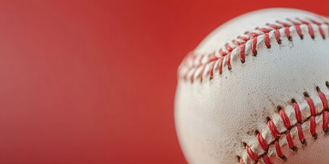 Poster - A close-up of a baseball against a red background, showcasing its texture and stitching.