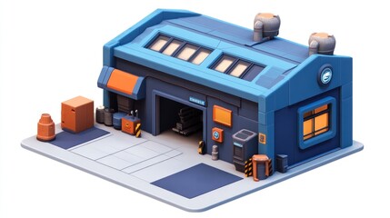 Poster - A stylized industrial building with an open garage and various storage items outside.
