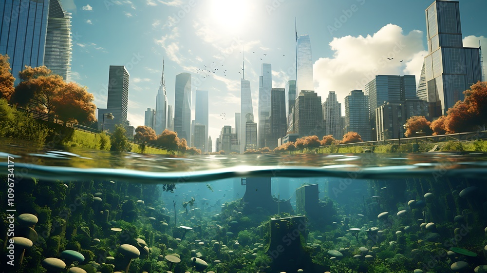 there is a picture of a city with a lot of trees and plants Stock ...