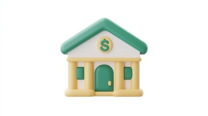Poster - A stylized bank building with a dollar sign, representing finance and savings.