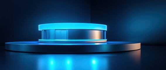 Fototapete - A futuristic podium with a glowing blue light, set in a dark, sleek environment.