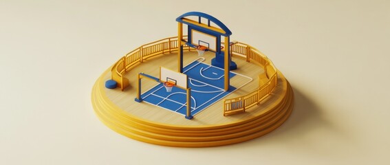 Poster - A miniature basketball court model with yellow and blue elements for play or decoration.