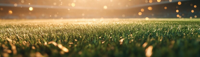 Poster - Close-up of a grassy field illuminated by soft light, suggesting a sports environment.