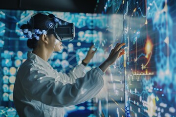 Poster - A woman with a virtual reality headset, captivated by a colorful digital image in front of her. A researcher analyzing big data in a virtual reality setting .