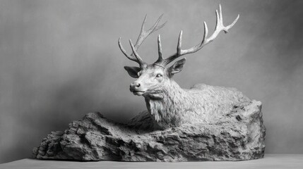 Poster - A sculptural representation of a deer resting on a rocky surface, captured in monochrome.