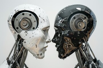 Poster - Two robots confront each other, each with their heads tilted sideways, suggesting a moment of contemplation or communication. A robot designing another robot.