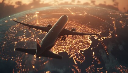 Poster - Aerial view of an airplane flying over a city illuminated at night with network connections.