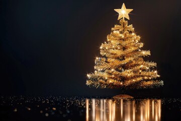 a golden christmas tree decorated with ornaments and topped with a shining star