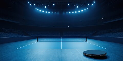 Aufkleber - A modern indoor tennis court with bright lights and a net.