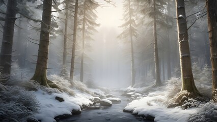 Wall Mural - Winter Forest Scene with Snowy Trees and Mist