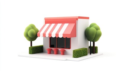 Poster - A small, stylized storefront with a striped awning and greenery.